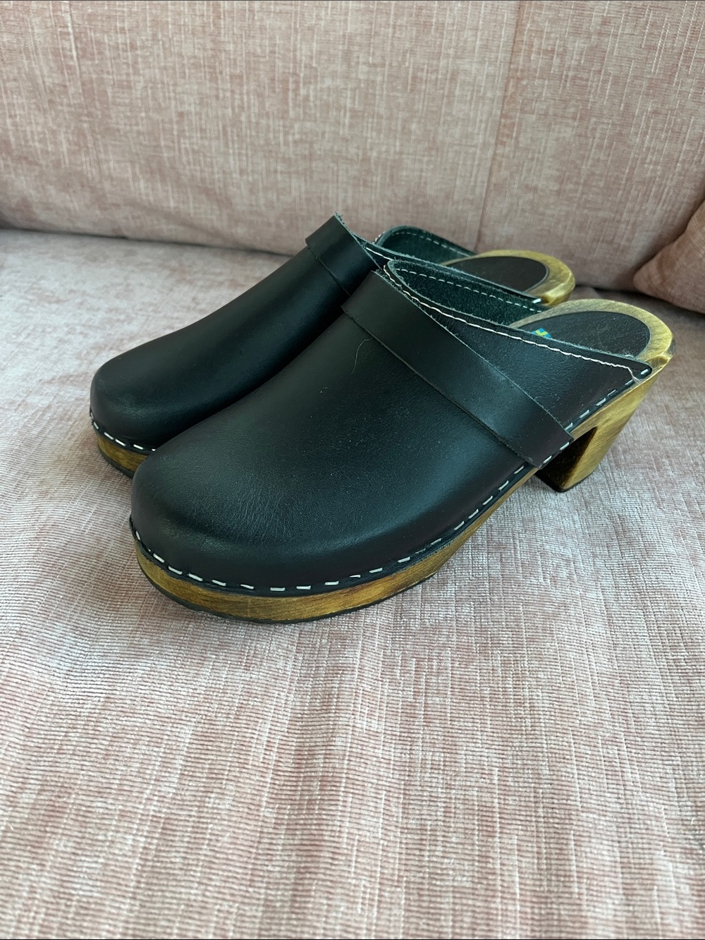 Lotta From Stockholm Black Leather Clog Mules with Wood Heel